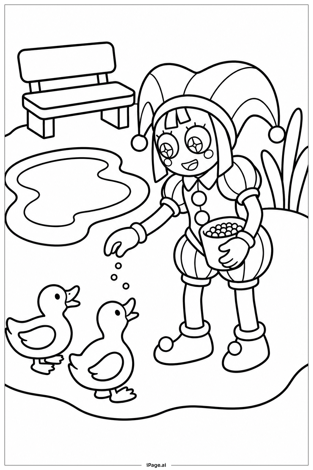 Página para colorir de Pomni no Lago