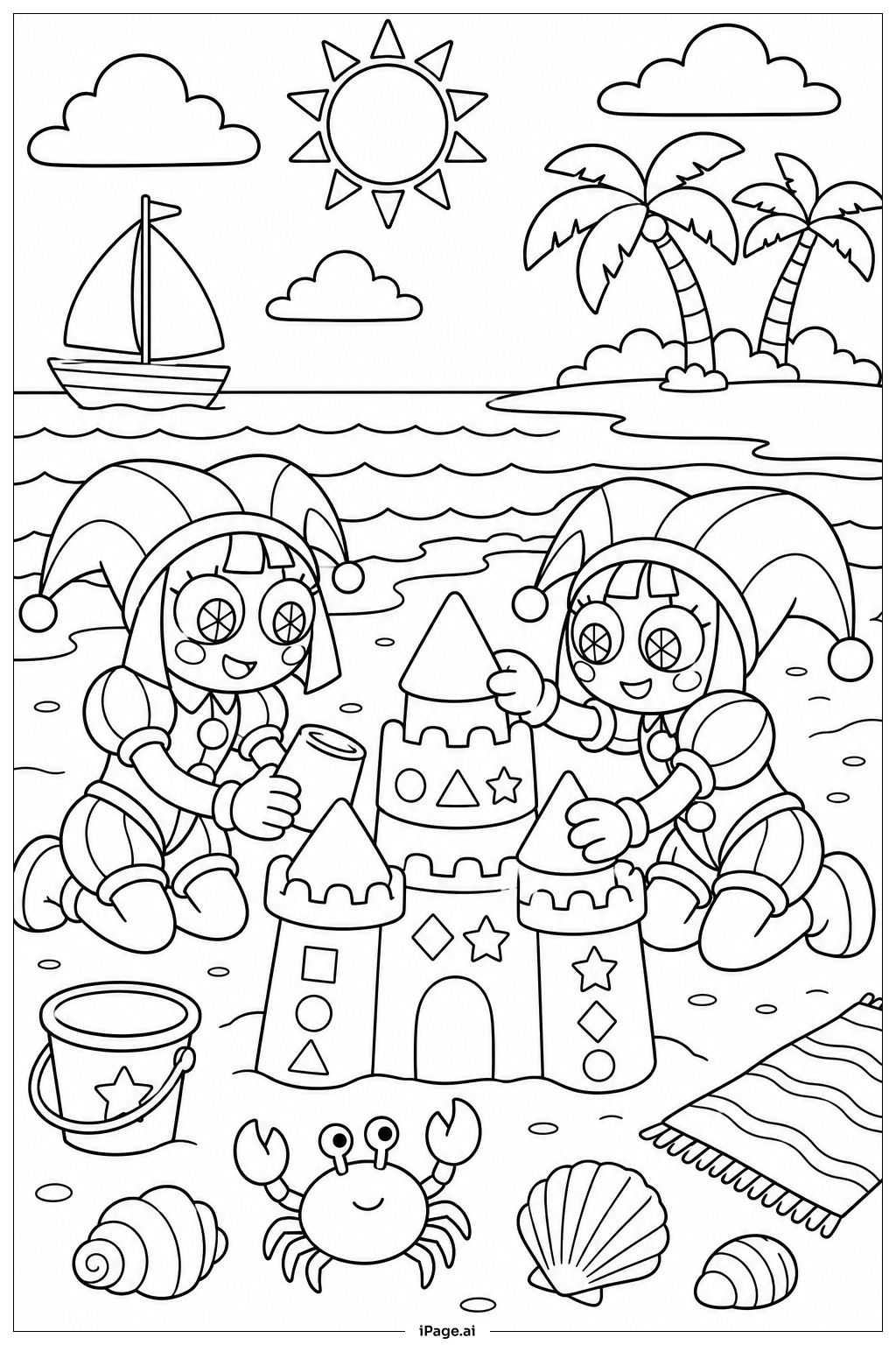 Página para colorir de Pomni Aventura na Praia