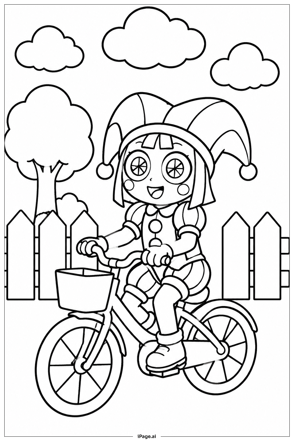Página para colorir de Pomni Andando de Bicicleta