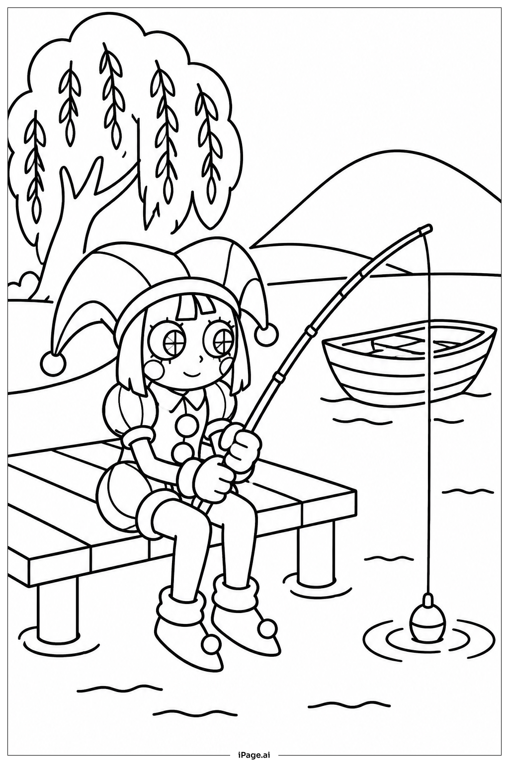 Página para colorir de Pomni Pescando no Lago
