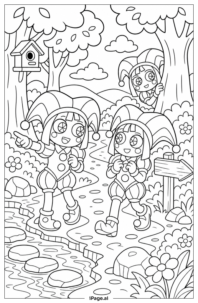 Página para colorir de Pomni Aventura na Floresta