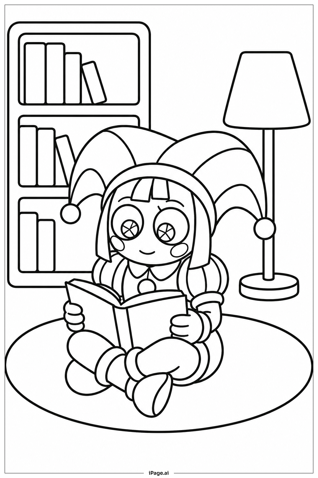 Página para colorir de Pomni na Biblioteca
