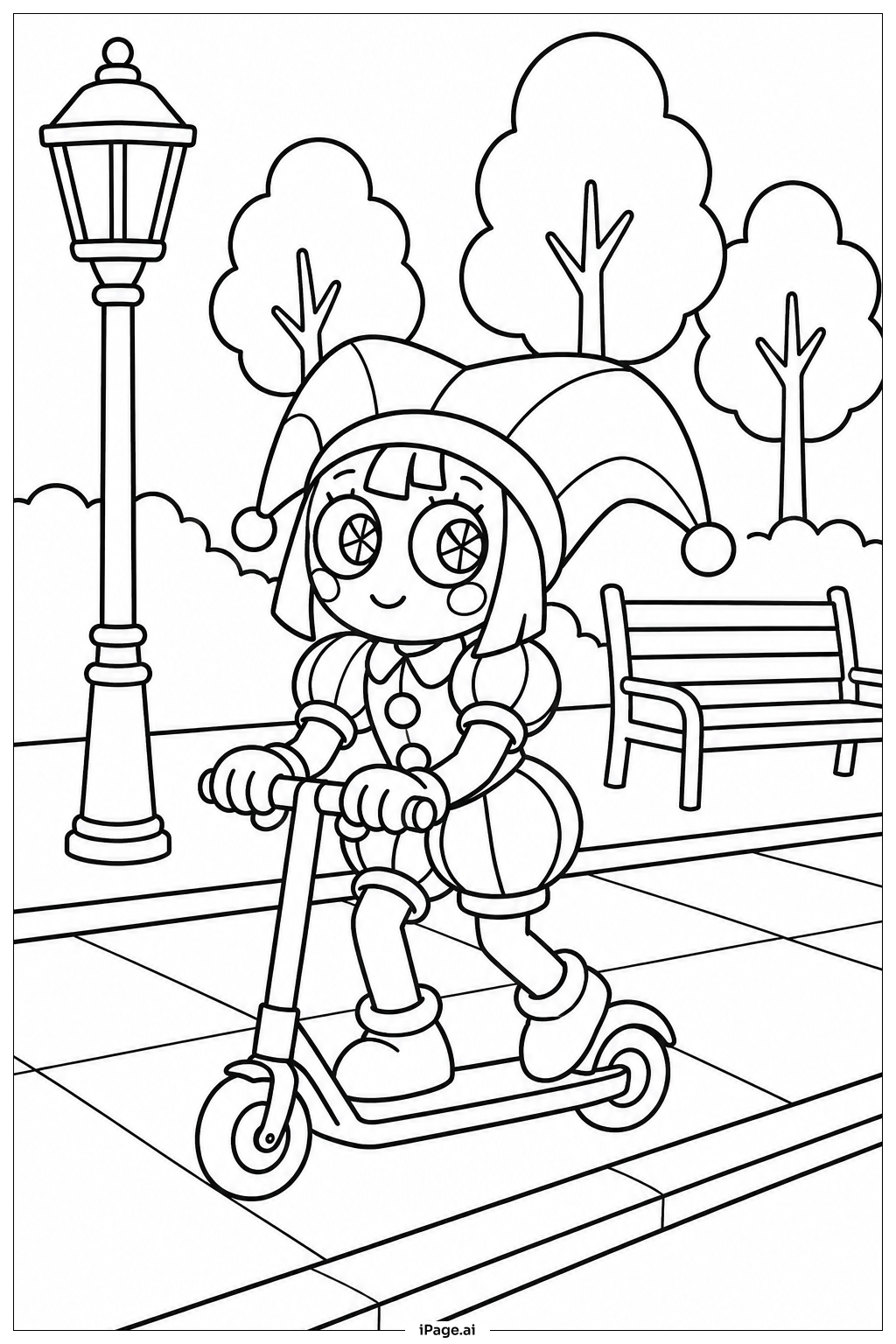 Página para colorir de Pomni Na Scooter