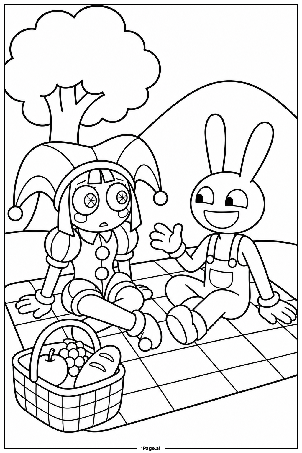 Página para colorir de Pomni Piquenique com Amigos