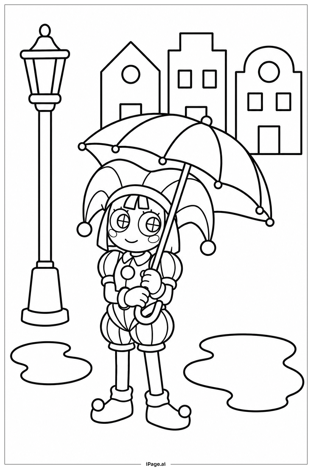 Página para colorir de Pomni Caminhando na Chuva