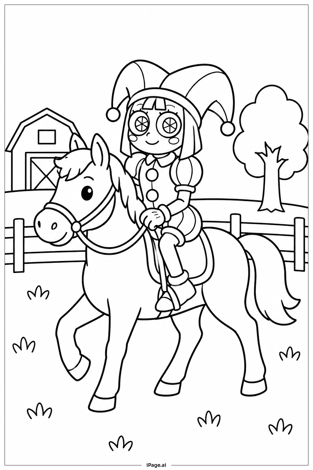 Página para colorir de Pomni Andando a Cavalo