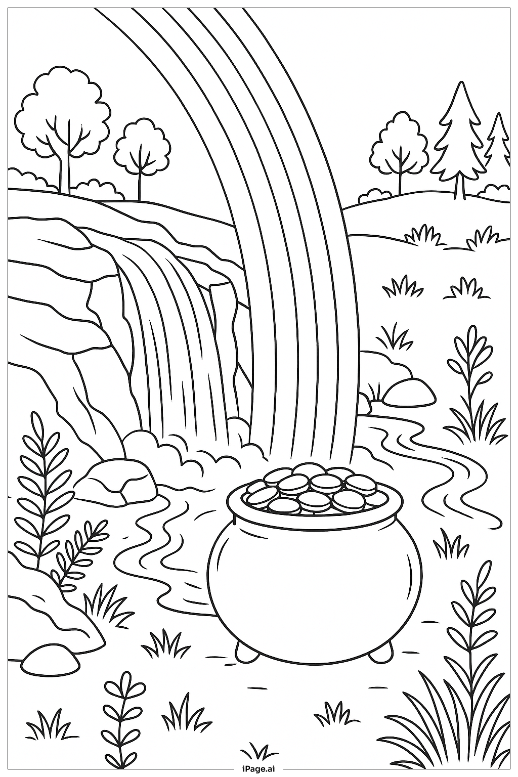  Página para colorir de Pote de Ouro na Cascata do Arco-Íris 