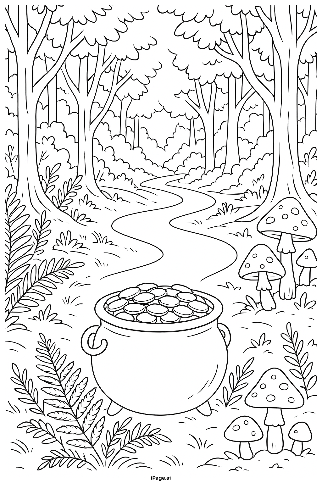  Página para colorir de Pote de Ouro na Floresta Encantada 