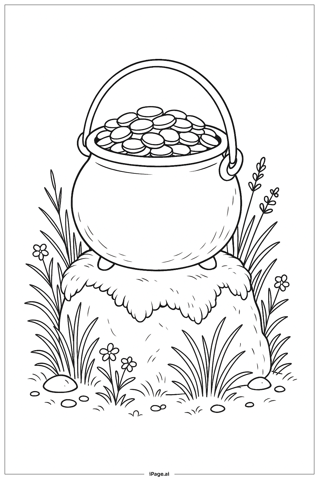  Página para colorir de Pote de Ouro sobre Rocha Musgosa 