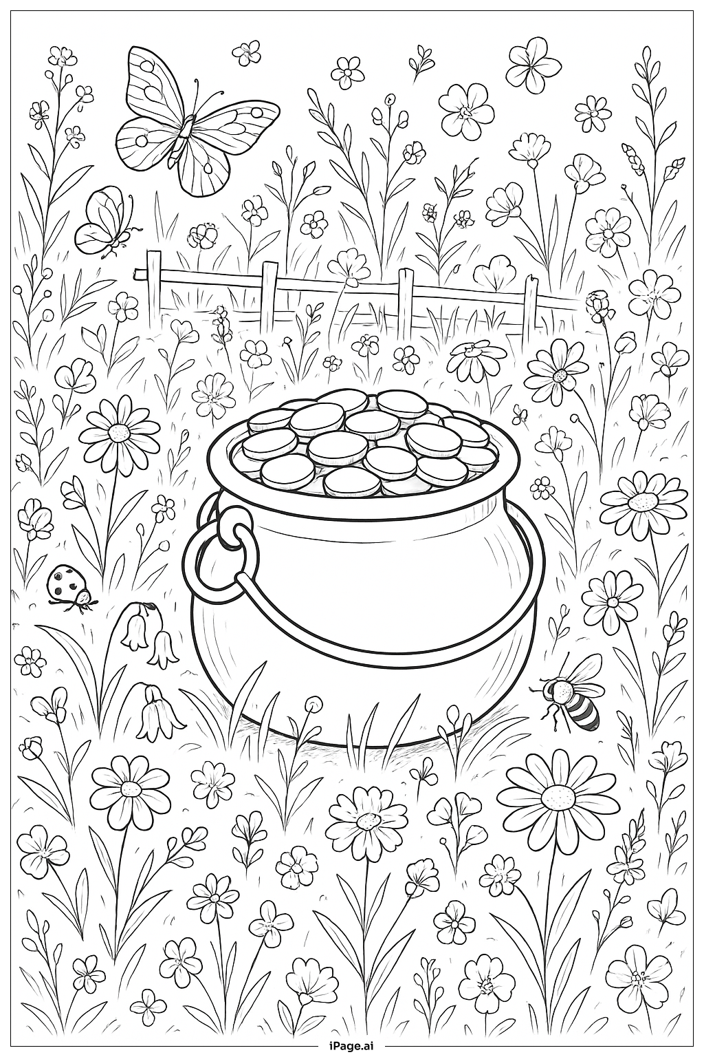  Página para colorir de Pote de Ouro com Prado Animado 