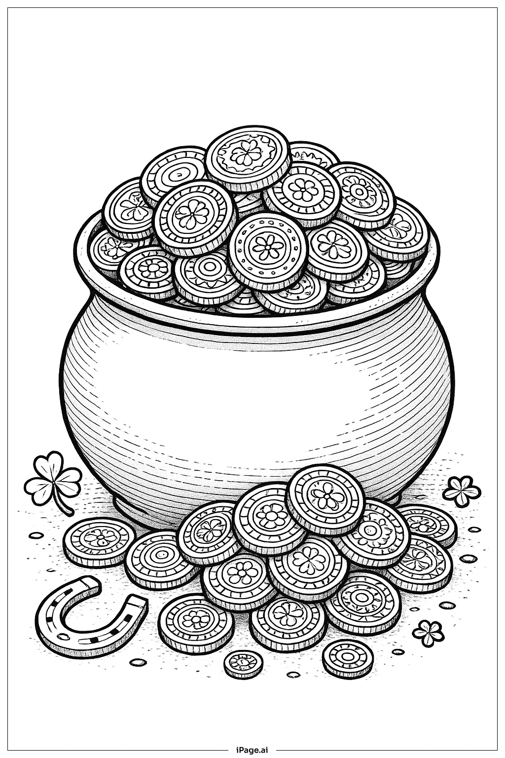  Página para colorir de Pote de Ouro com Moedas Ornamentadas 