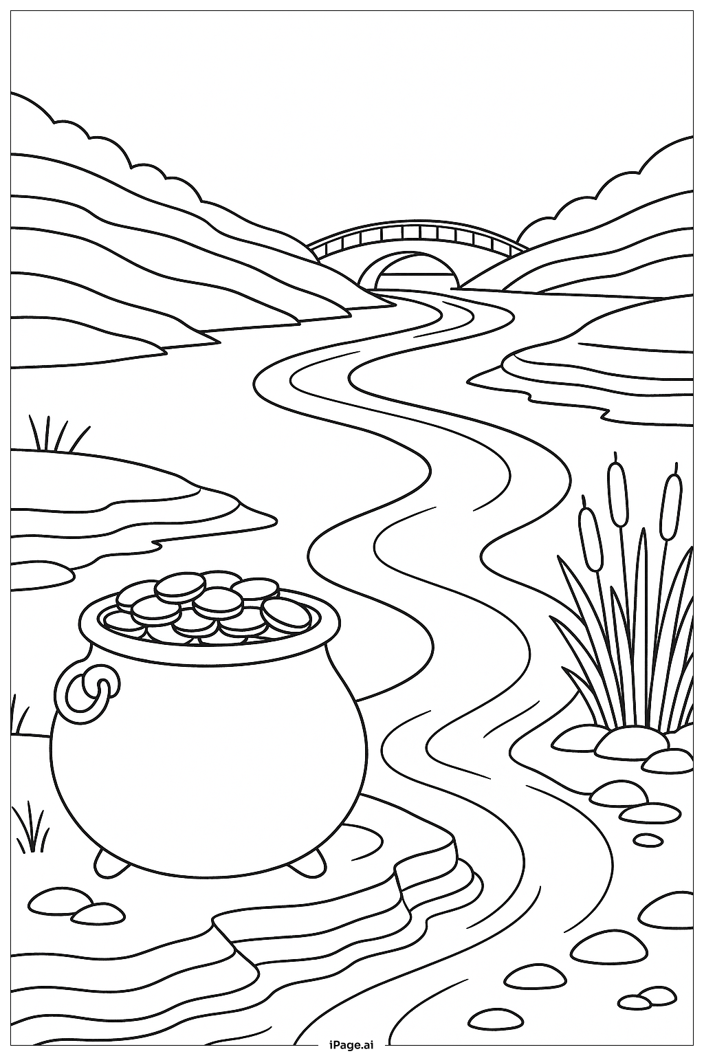  Página para colorir de Pote de Ouro com Rio Serpenteante 