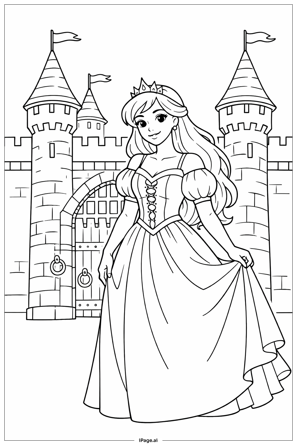 Página para colorir de Princesa no Portão do Castelo
