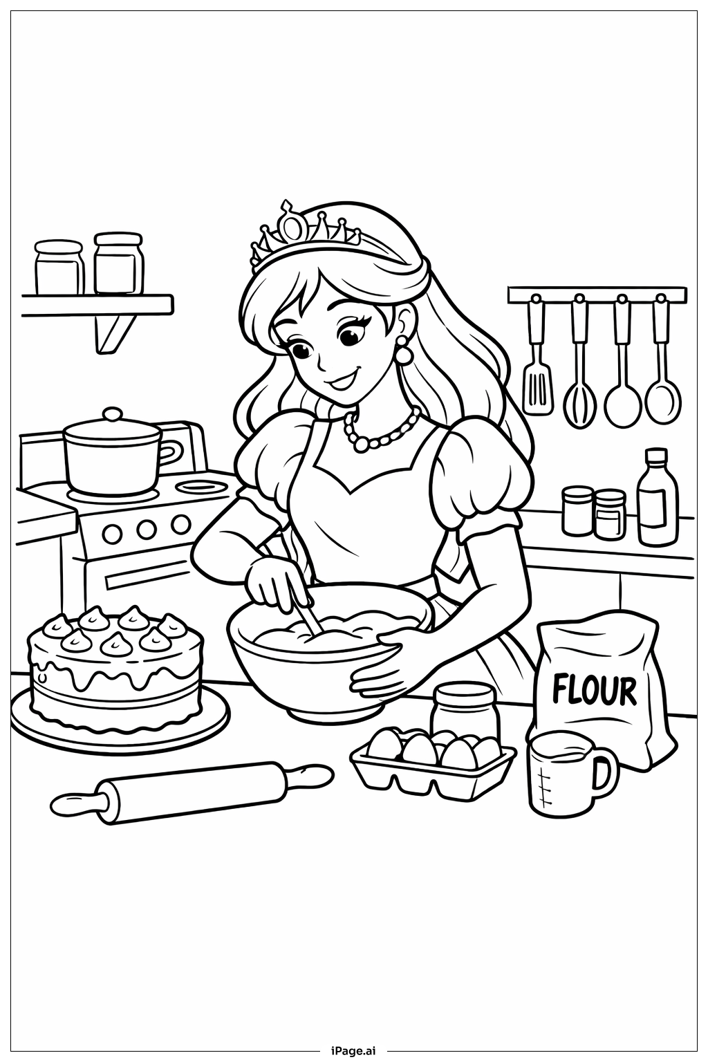 Página para colorir de Princesa Assando Um Bolo