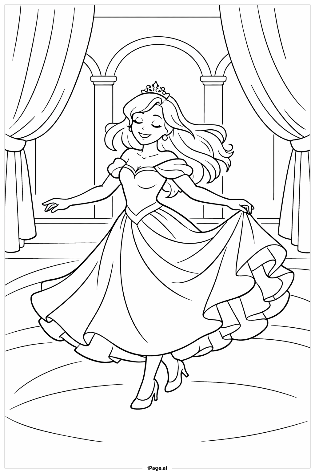 Página para colorir de Princesa Dançando no Salão de Baile