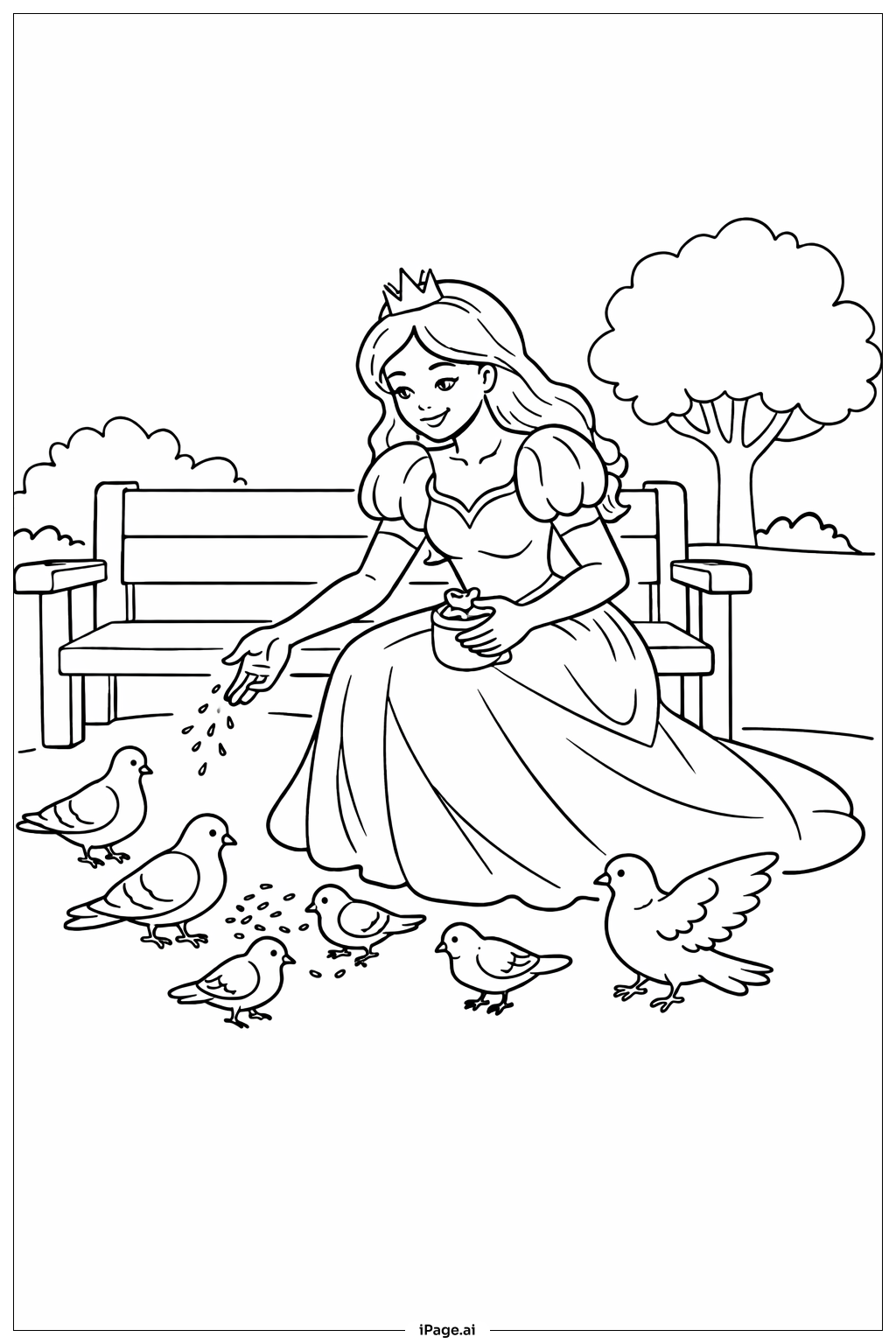 Página para colorir de Princesa Alimentando Pássaros no Parque
