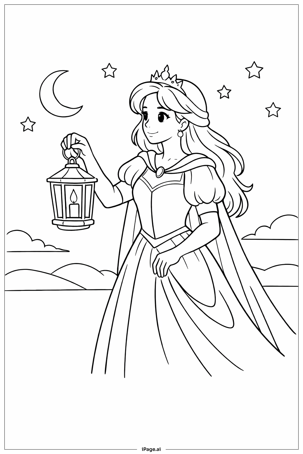 Página para colorir de Princesa Segurando Lanterna