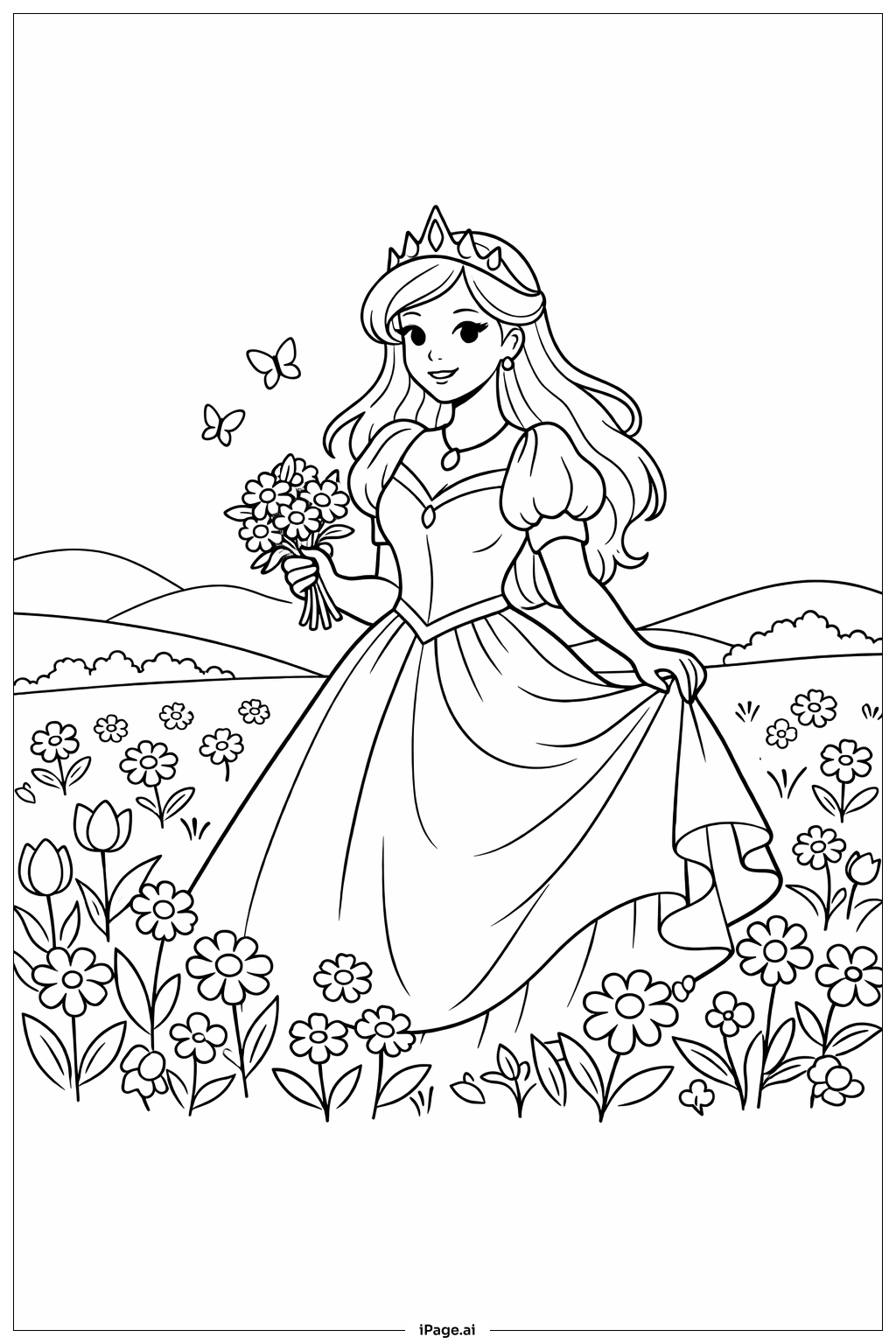 Página para colorir de Princesa no Prado de Flores
