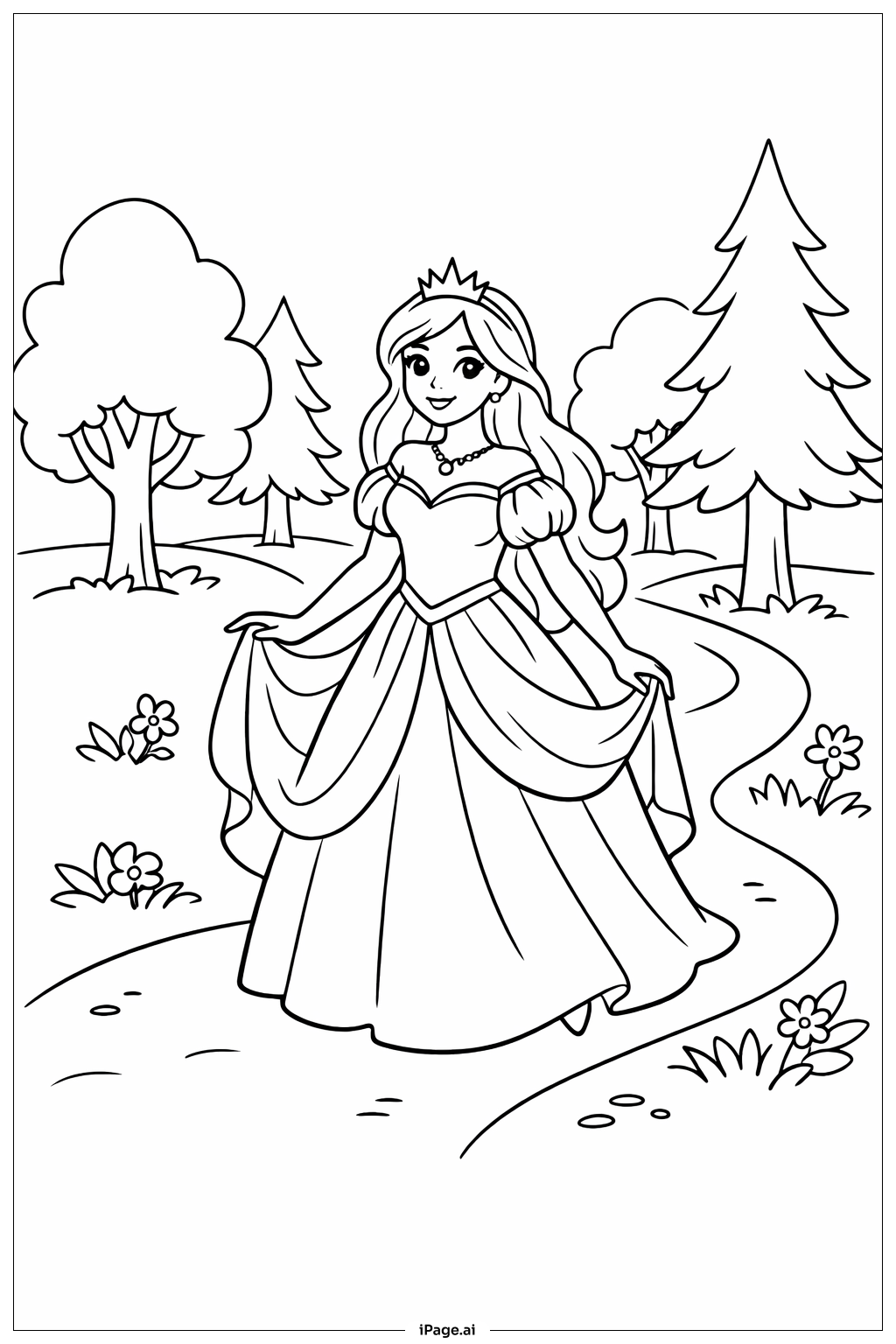 Página para colorir de Princesa na Floresta Mágica