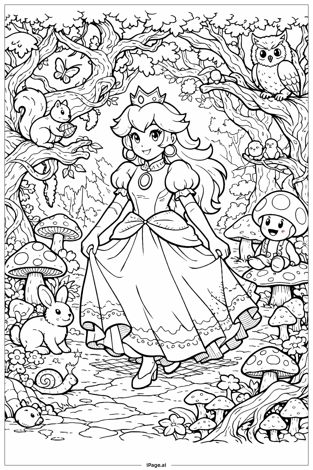  魔法森林中的桃子公主填色页 