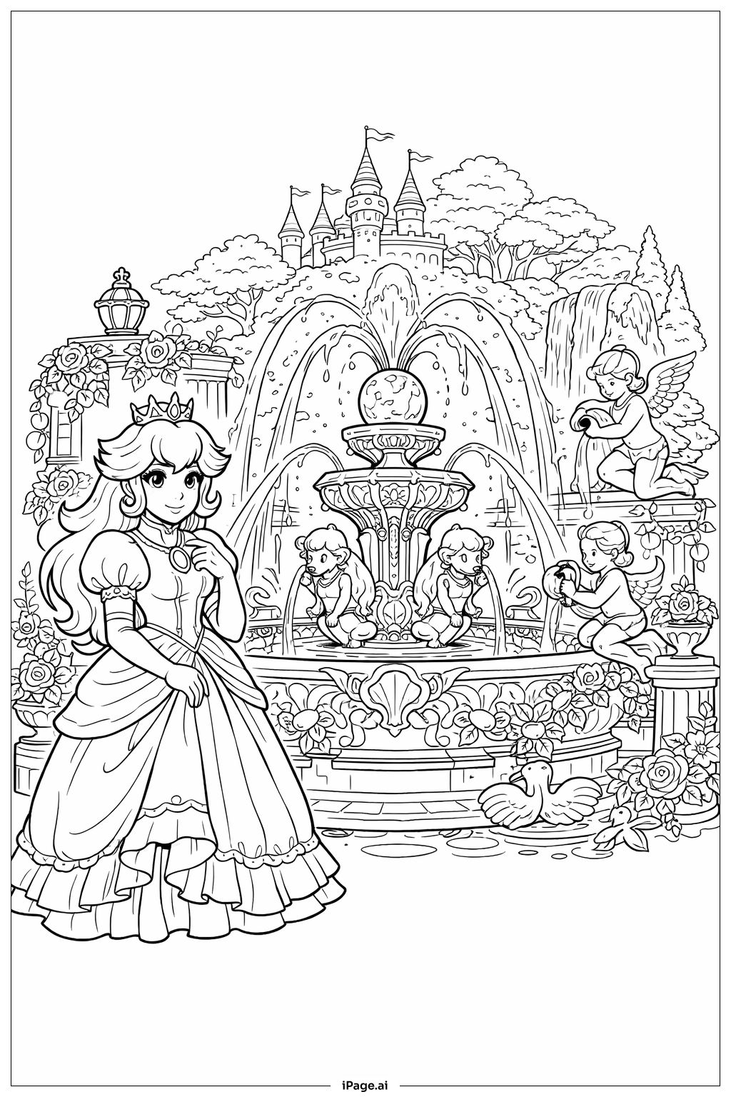  桃子公主的魔法噴泉場景著色頁 