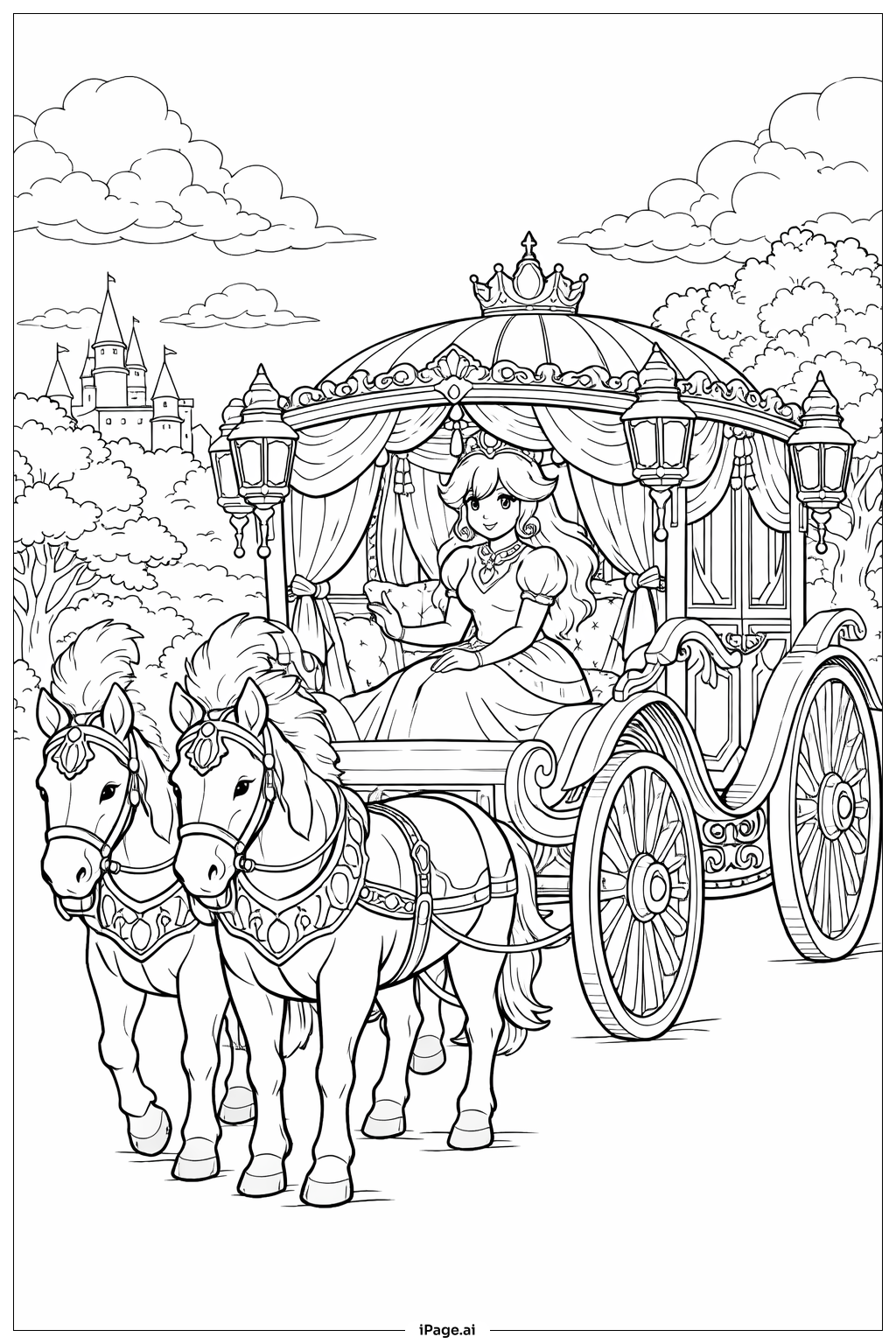  Página para colorear de La Princesa Peach Montando Un Carruaje 