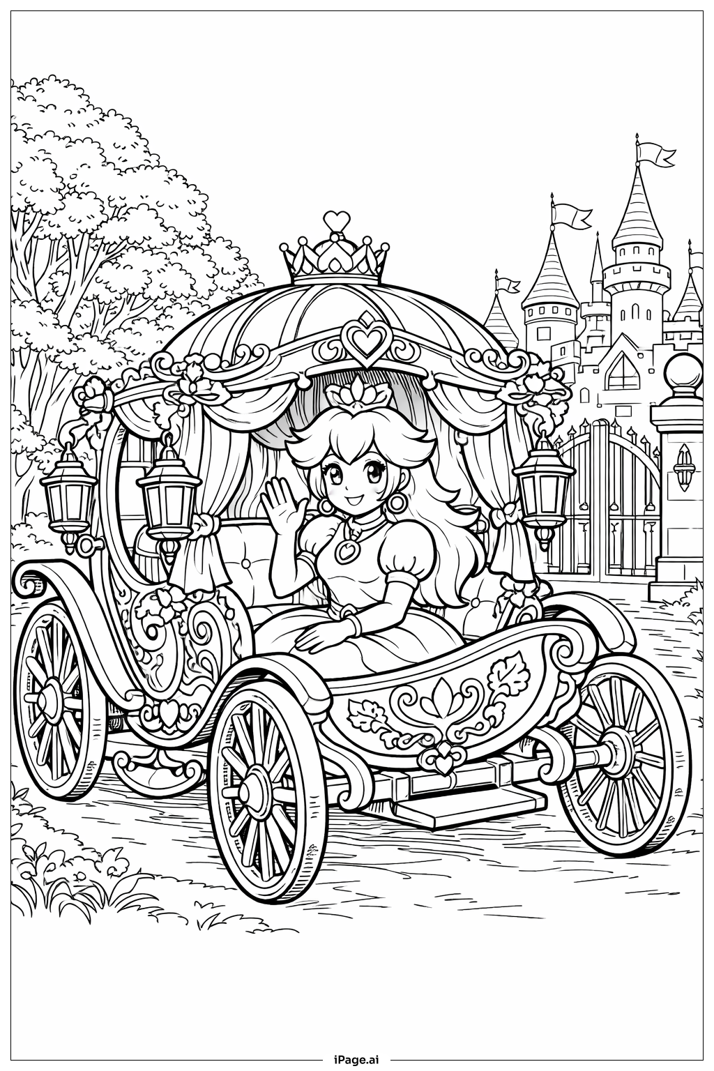  Trang tô màu Công chúa Peach cưỡi xe ngựa 