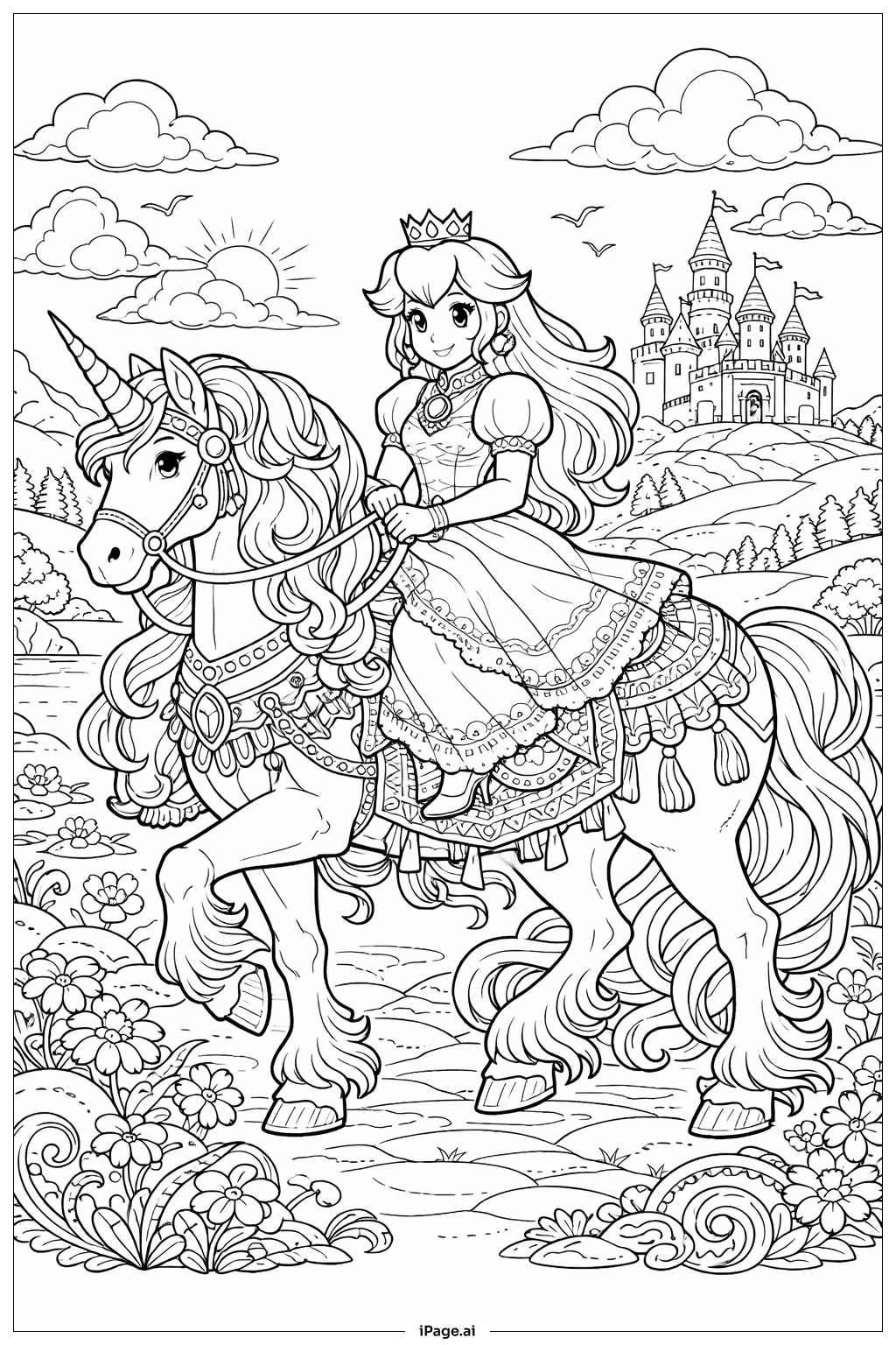  桃子公主騎獨角獸著色頁 