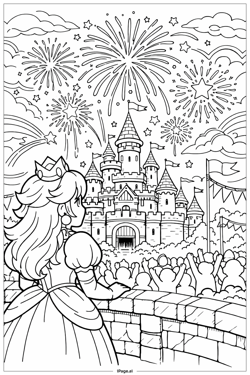  Página para colorear de Princesa Peach con fuegos artificiales en el castillo 