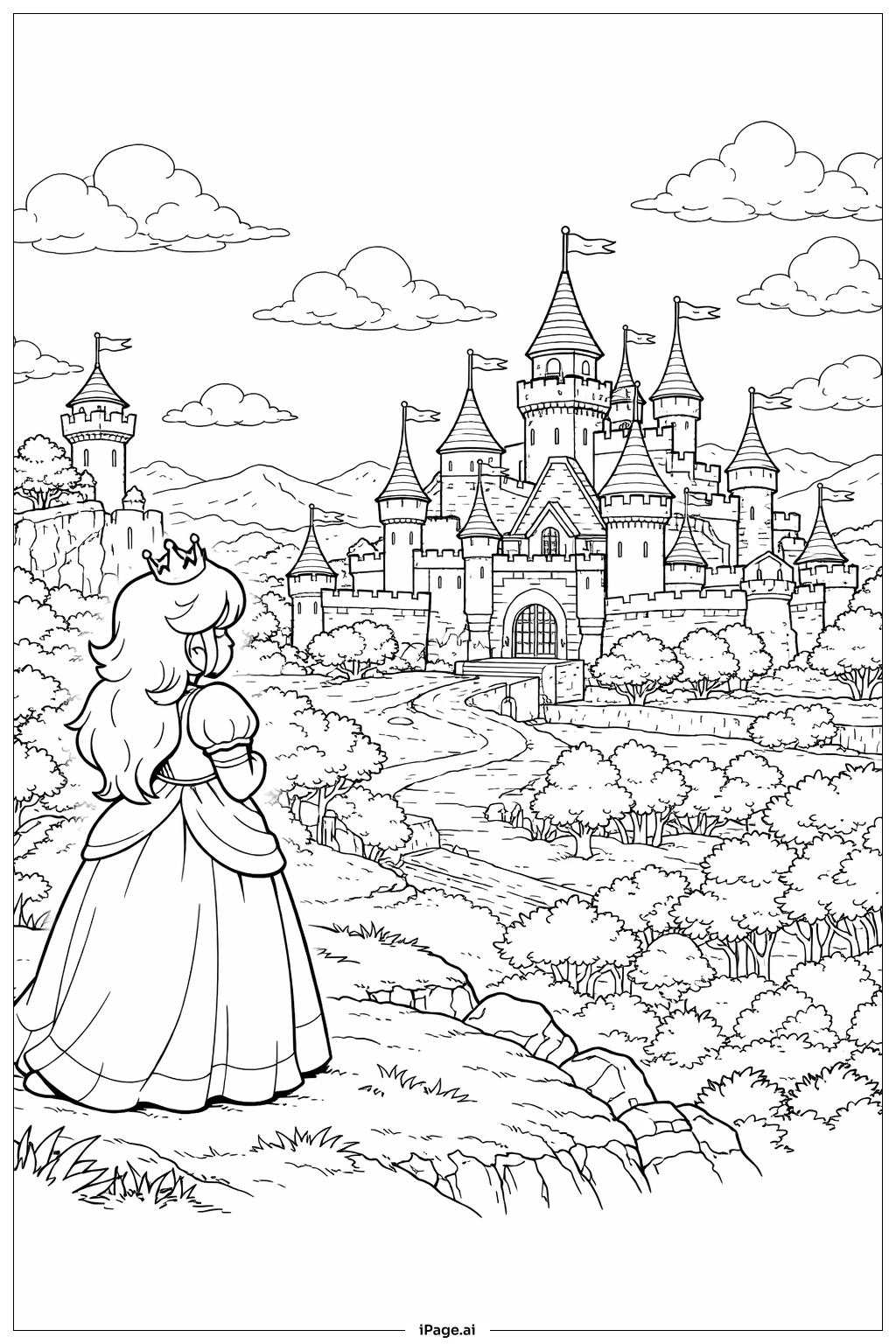  Página para colorear de Princesa Peach con Panorama del Castillo 