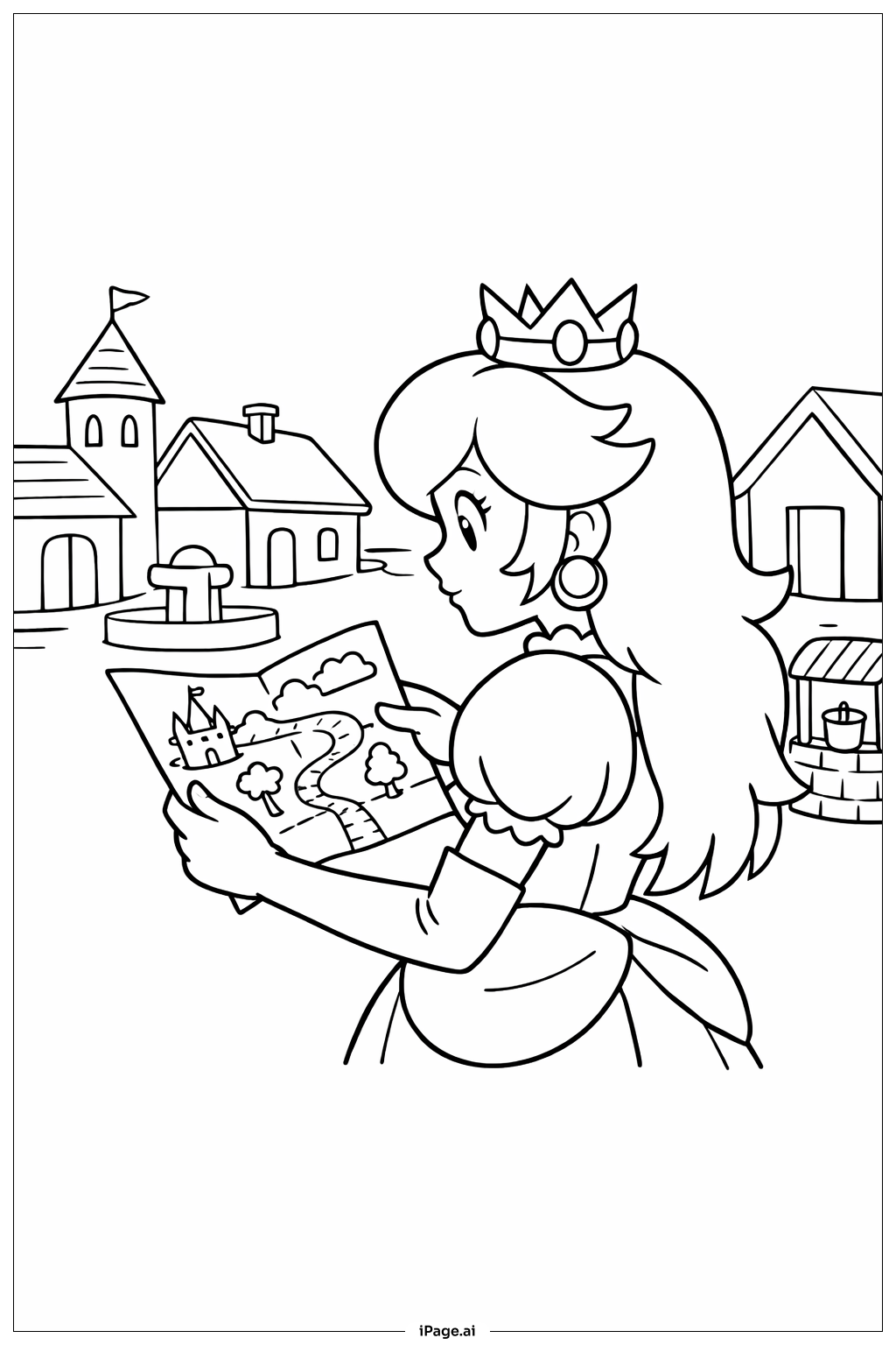  Página para colorear de Princesa Peach con mapa 