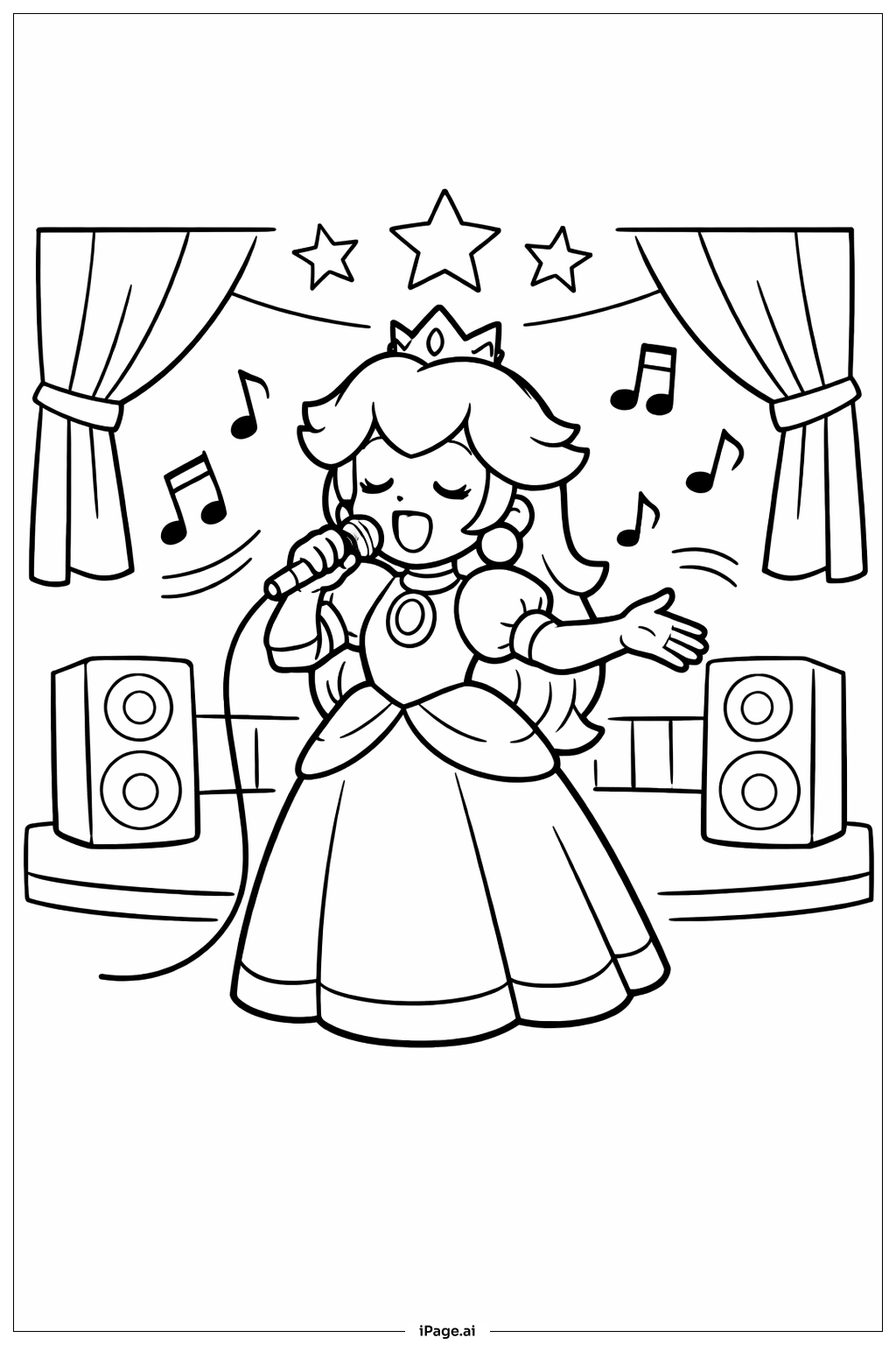 Page de coloriage Princesse Peach avec des Notes de Musique