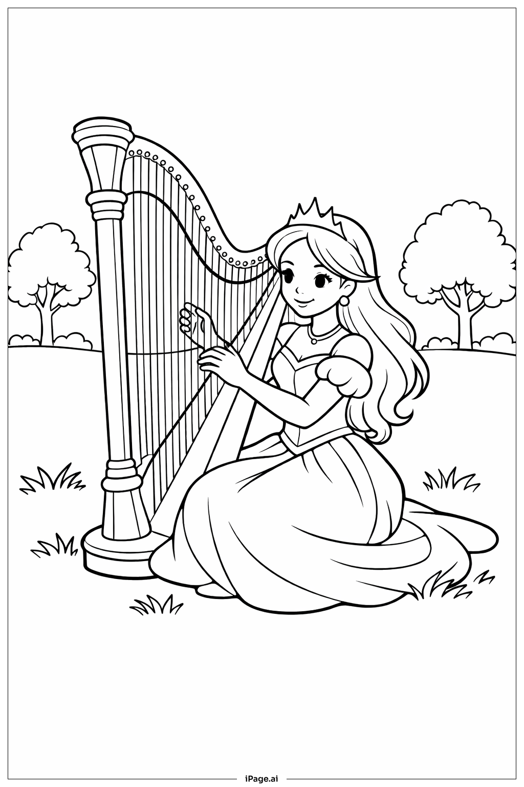 Página para colorir de Princesa Tocando Harpa ao Ar Livre