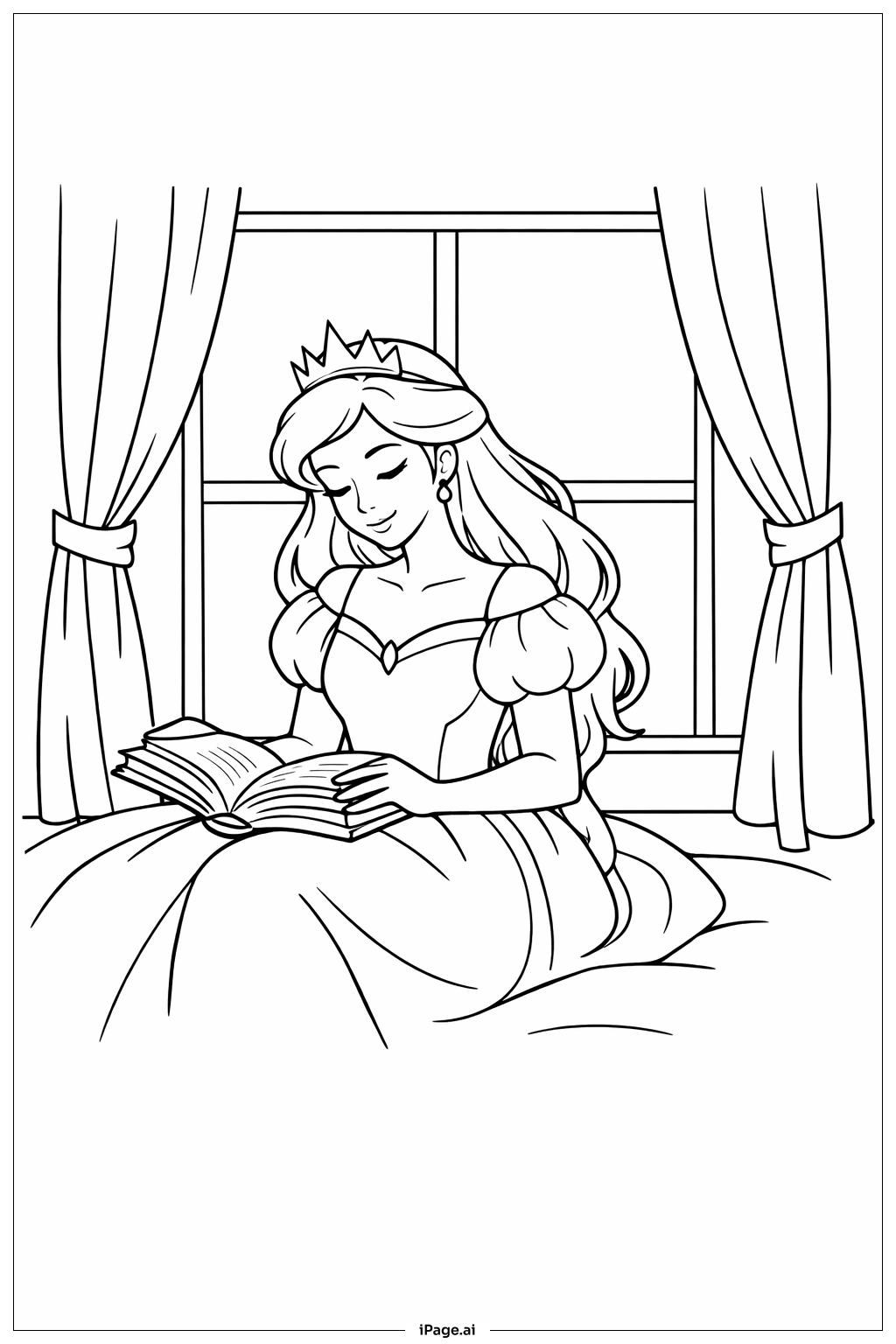 Página para colorir de Princesa Lendo à Janela