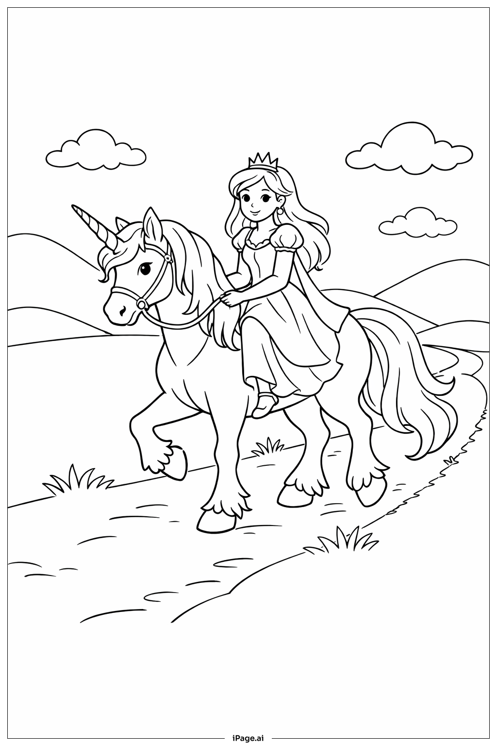 Página para colorir de Princesa Montando um Unicórnio