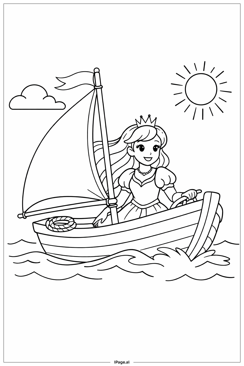 Página para colorir de Princesa Navegando em Barquinho