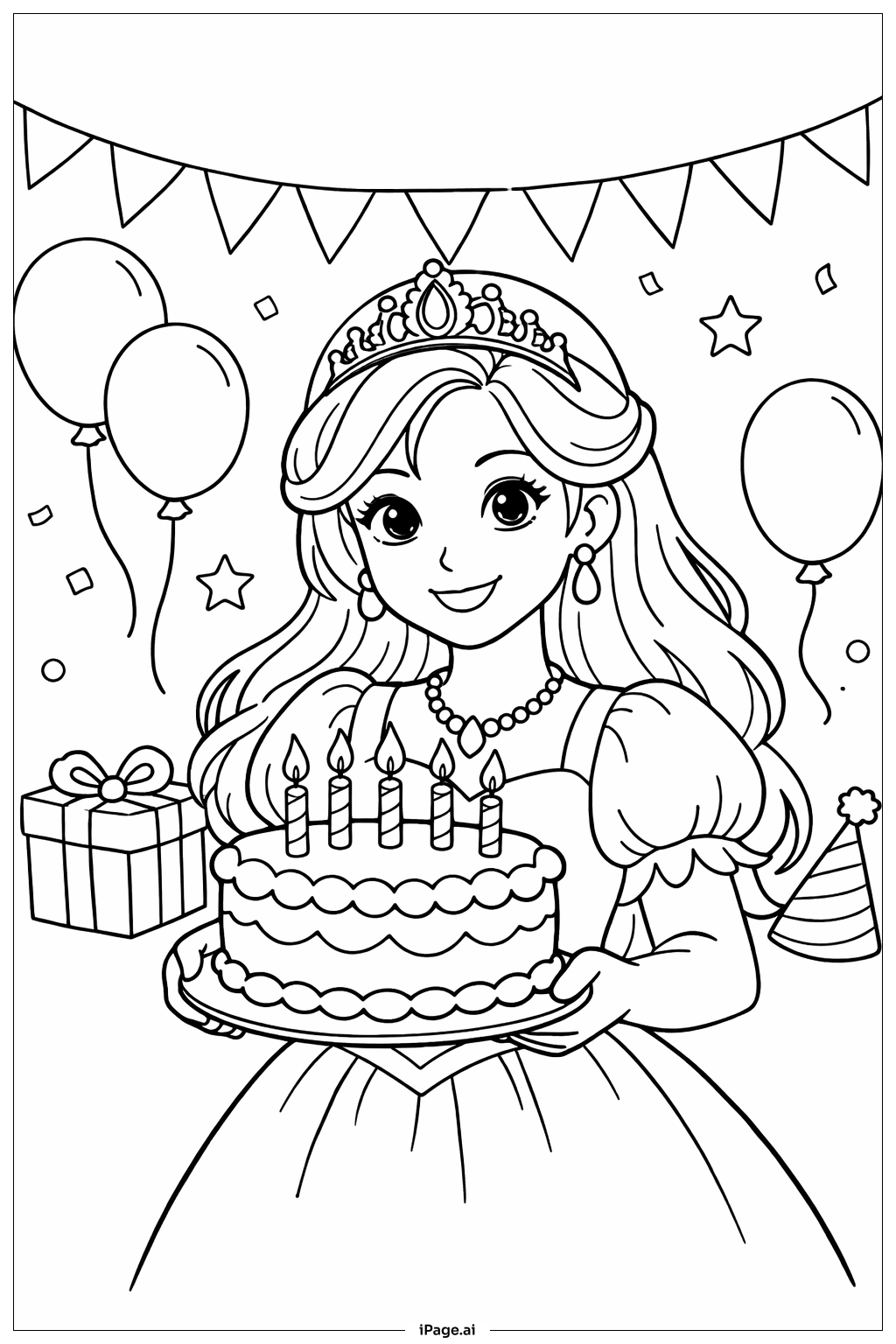 Página para colorir de Princesa com Bolo de Aniversário