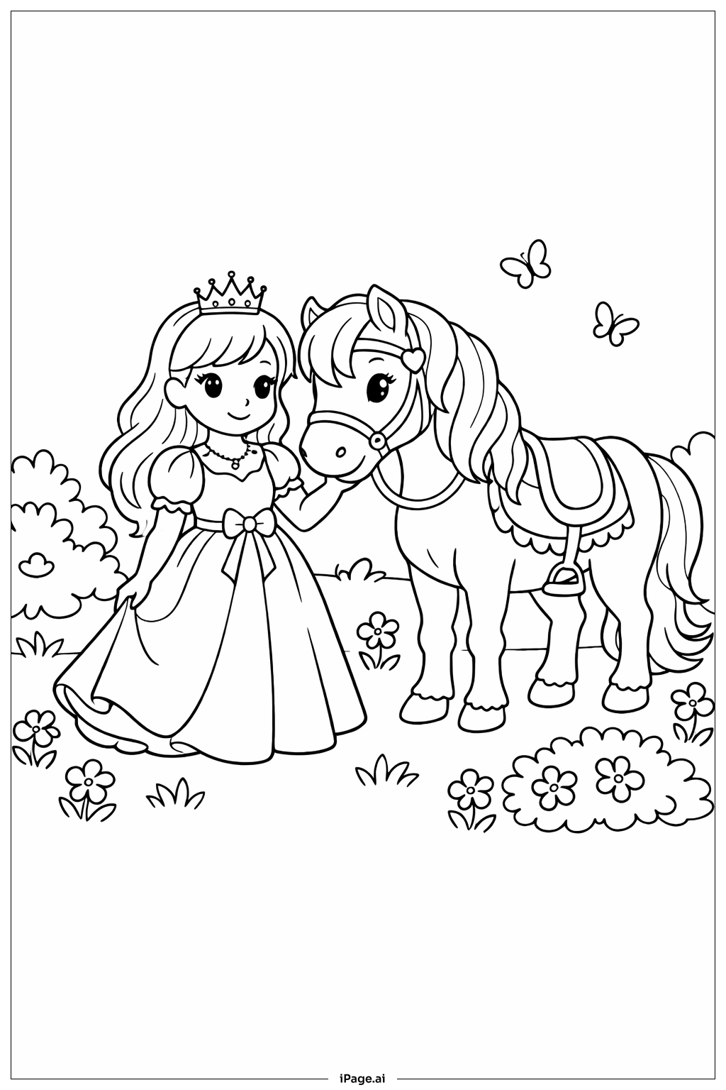 Página para colorir de Princesa com Pônei no Jardim