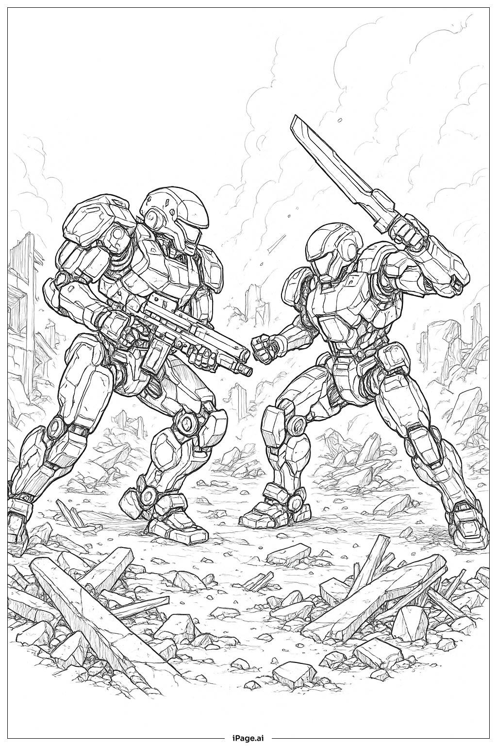 Prototype Mech Suit Battle Coloring Page