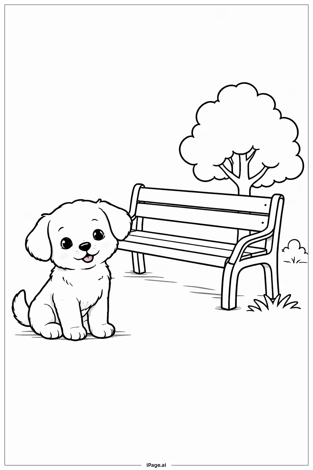 Puppy At Park Bench Coloring Page