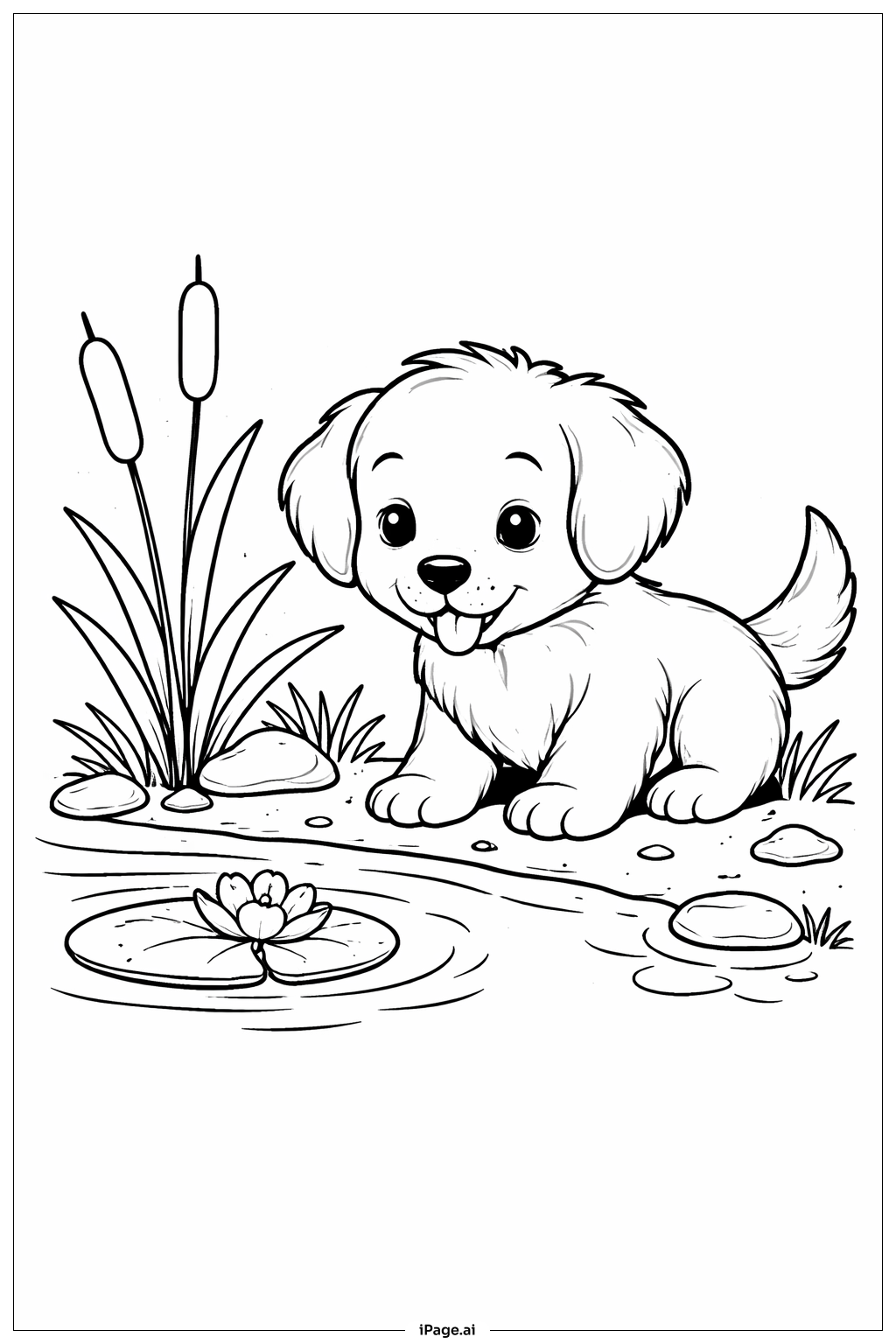 Puppy At Pond Coloring Page