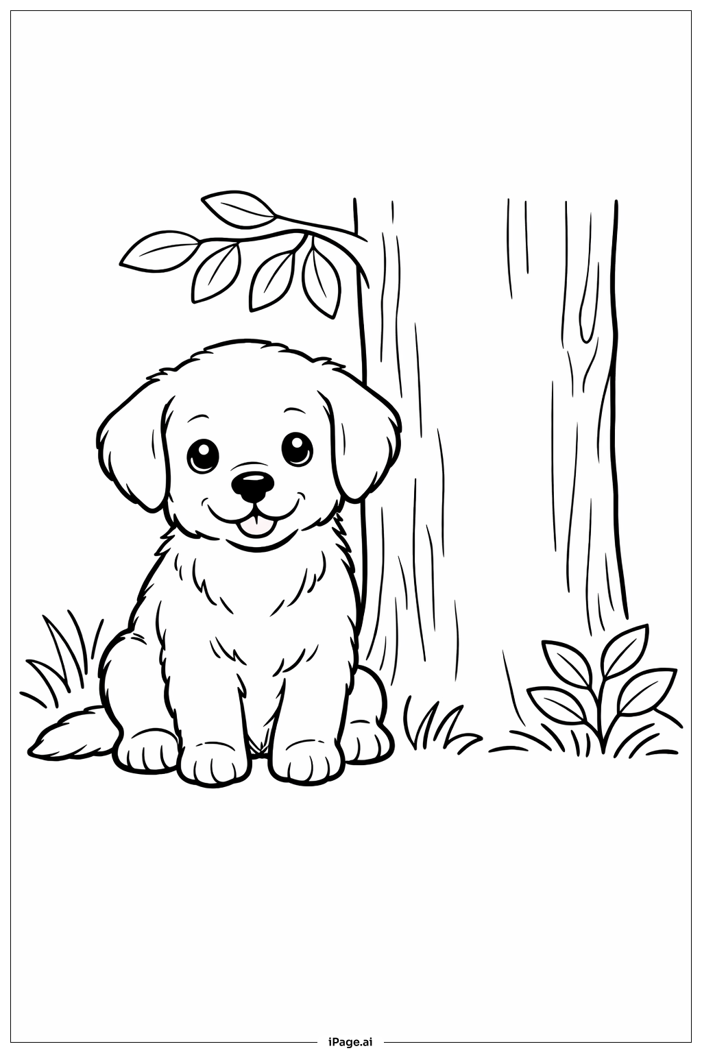 Puppy By Tree Coloring Page