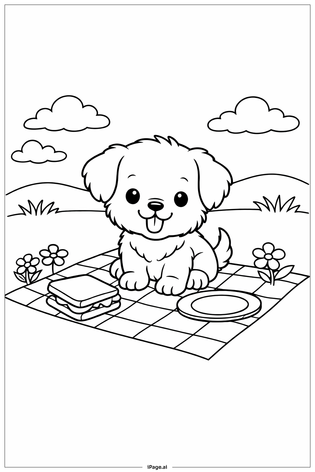 Puppy Picnic Scene Coloring Page