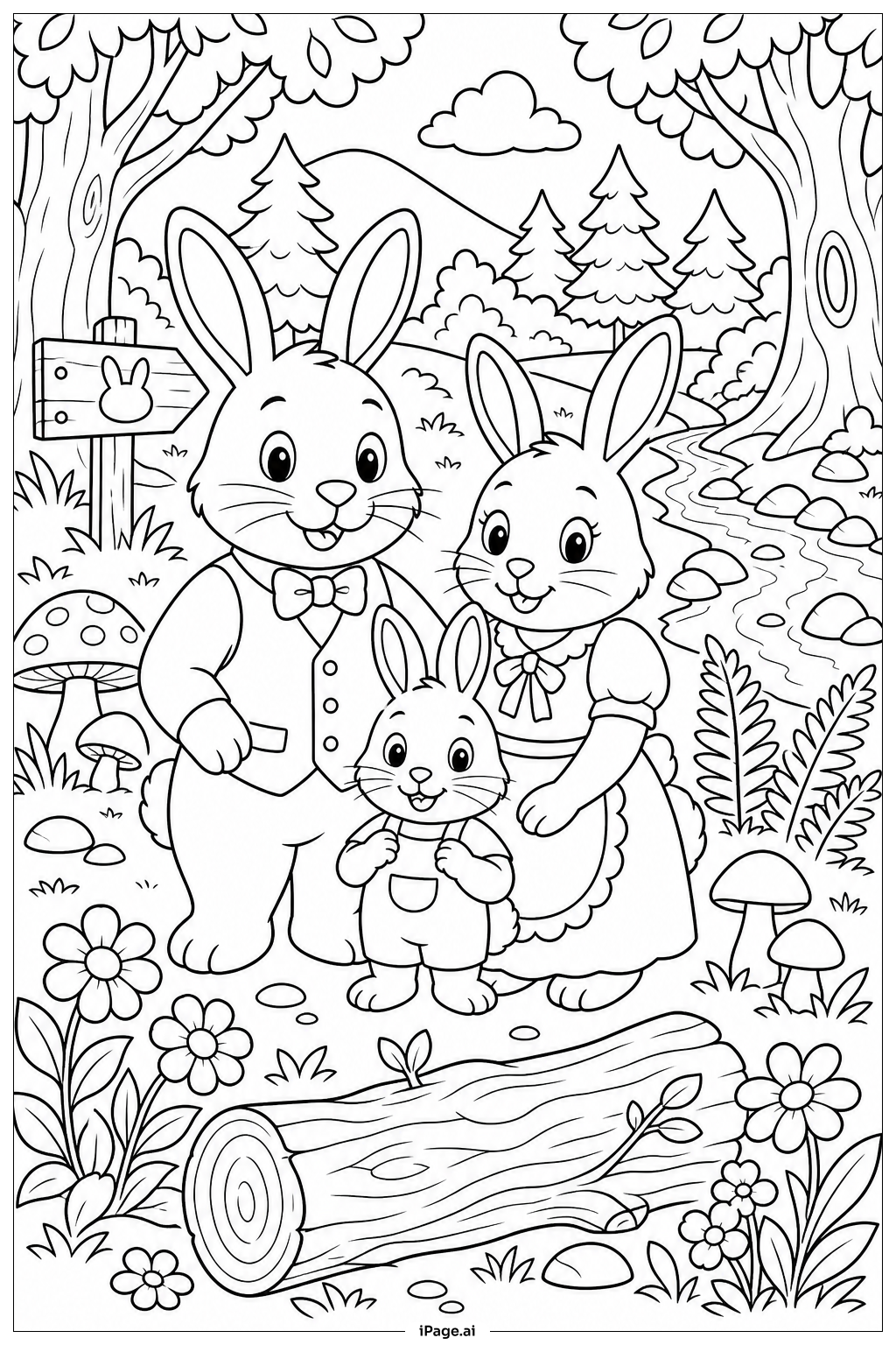 Página para colorir de Família de Coelhos na Floresta