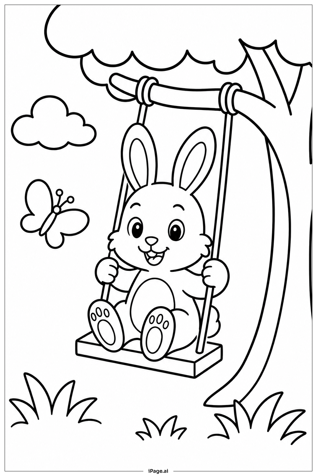 ブランコに乗るウサギの塗り絵ページ