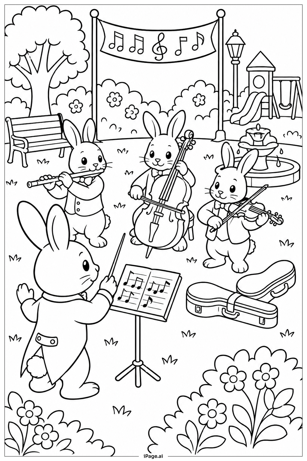 Página para colorir de Orquestra de Coelhos no Parque