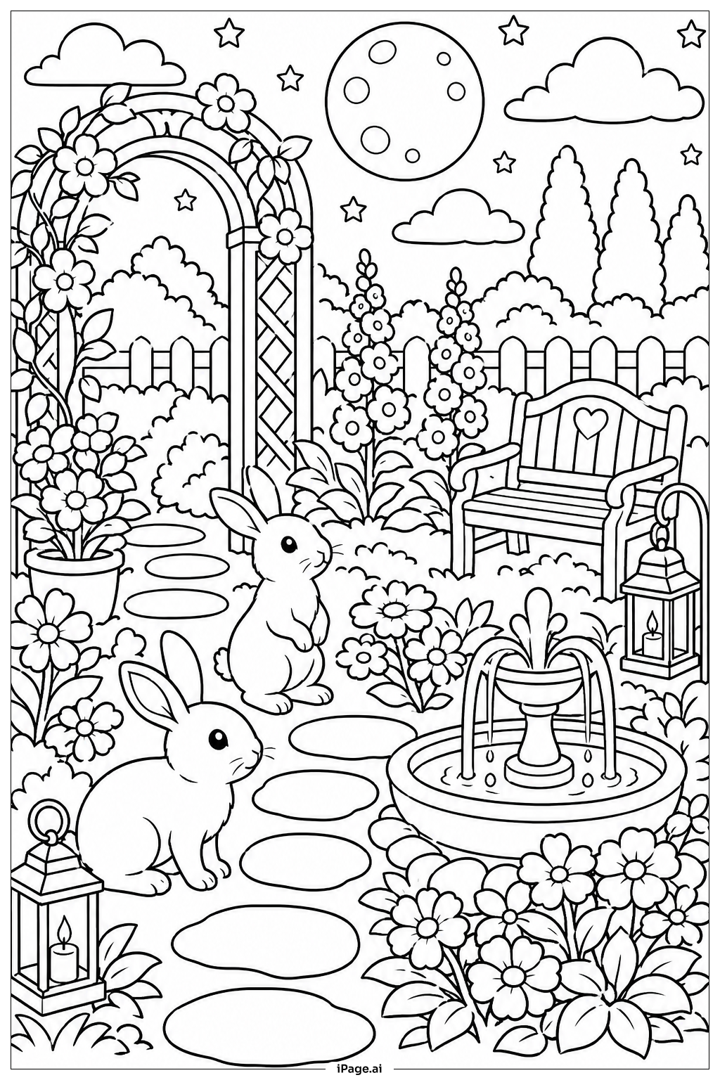 Página para colorir de Coelhos no Jardim ao Luar