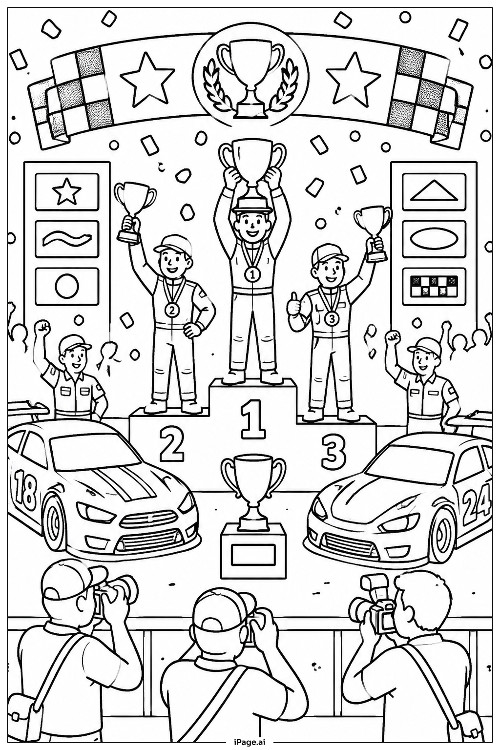 Página para colorir de Pódio do Campeonato de Carros de Corrida