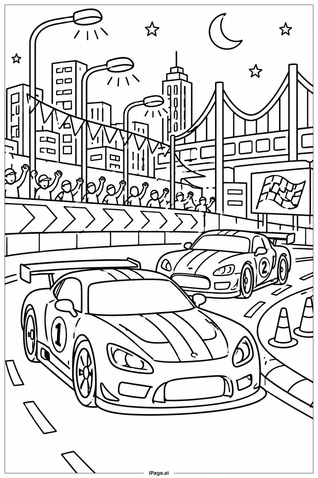 Página para colorir de Corrida Noturna de Carro de Corrida no Centro
