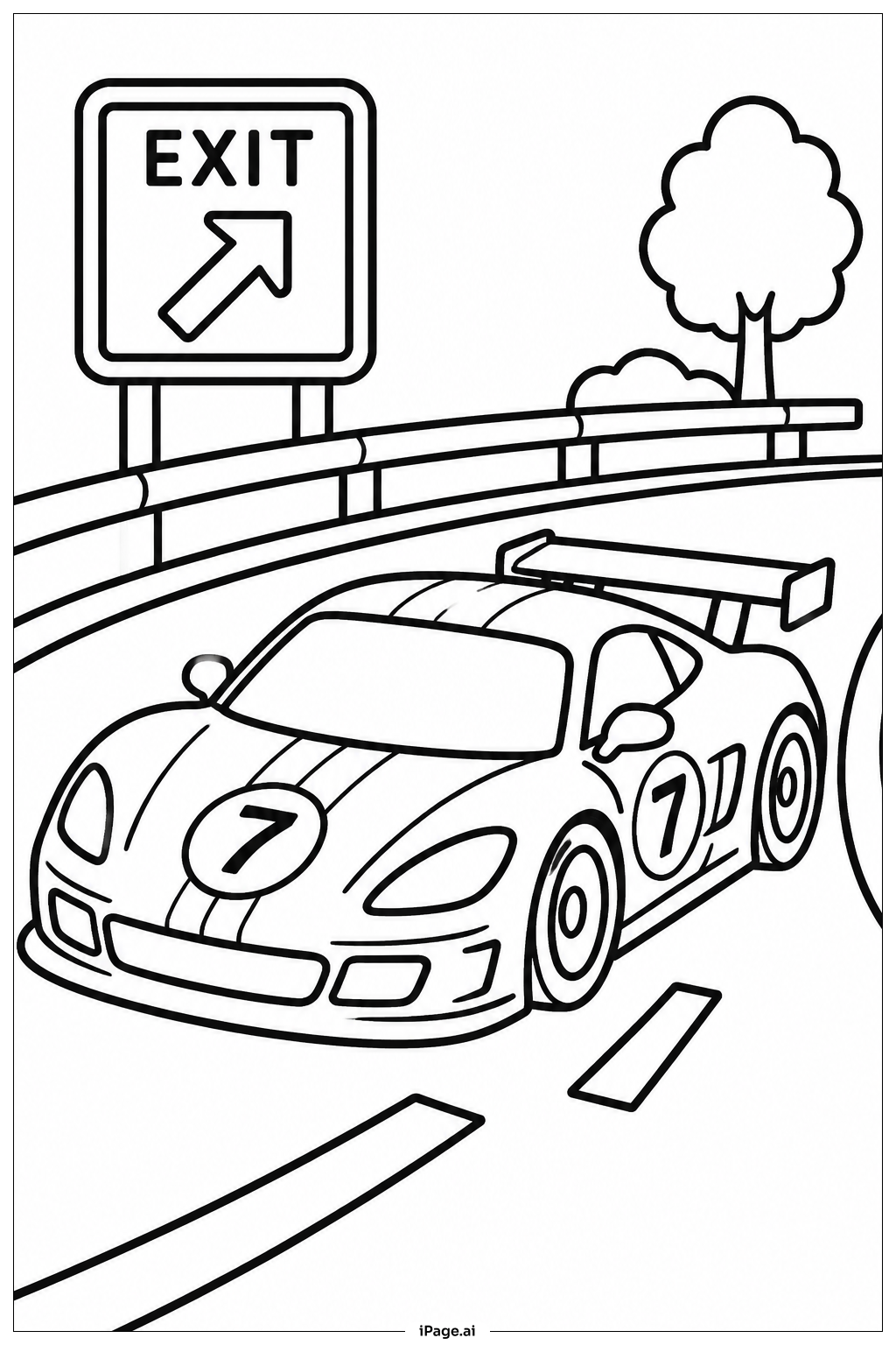 Rennauto auf der Ausfahrtsrampe Ausmalseite